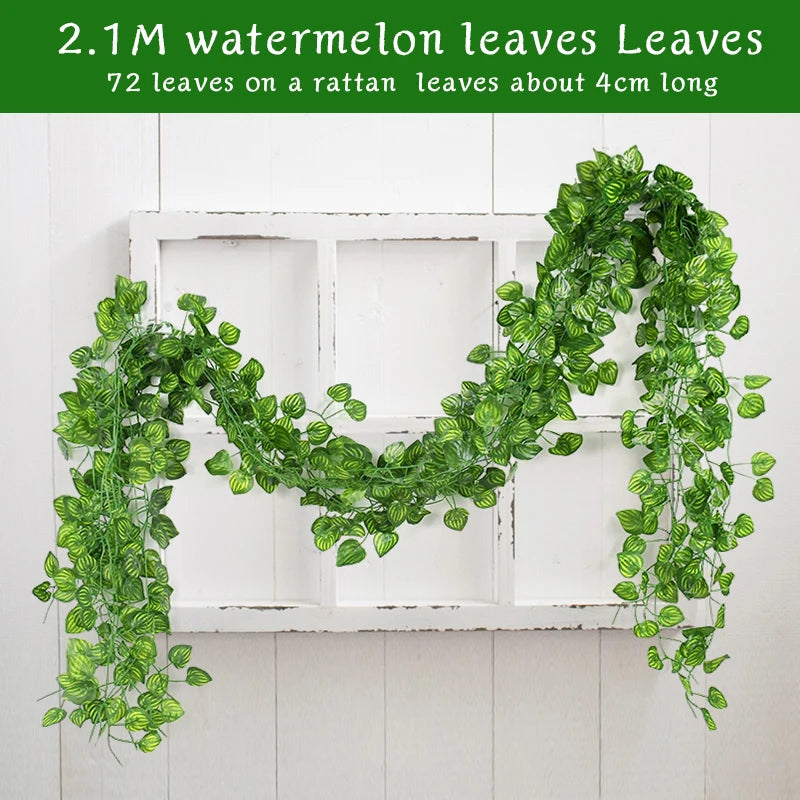 2.1M Artificial Plant Green Ivy Leaf Garland Silk Wall Hanging Vine Home Garden Decoration Wedding Party DIY Fake Wreath Leaves