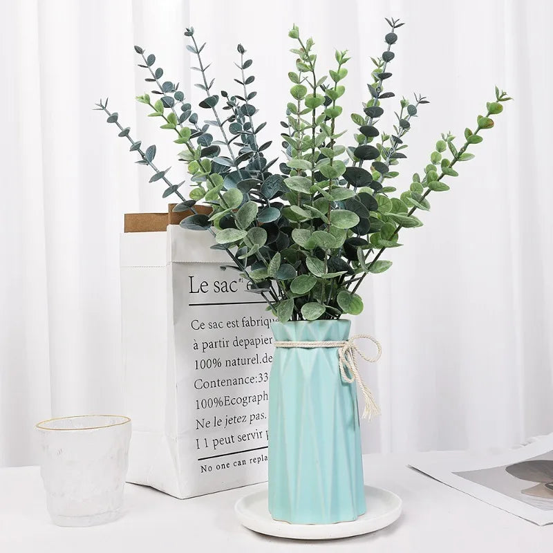 12/10PCS  Eucalyptus Leaves Bunch Branch Artificial Plastic Plants Leaves Green Stems Wedding Faux Fake Flowers Cake DIY Decor