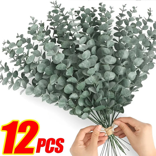 12/10PCS  Eucalyptus Leaves Bunch Branch Artificial Plastic Plants Leaves Green Stems Wedding Faux Fake Flowers Cake DIY Decor